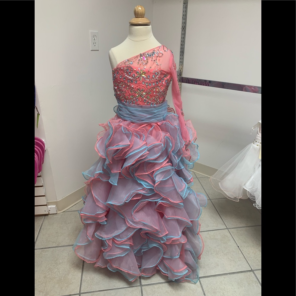 Girls Size 6 Pink & Blue Beaded One Shoulder Long Pageant Ballgown Formal Dress